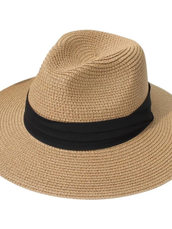 Accessories - Women Wide Brim Straw Panama Roll up Hat Fedora Beach Sun Hat +